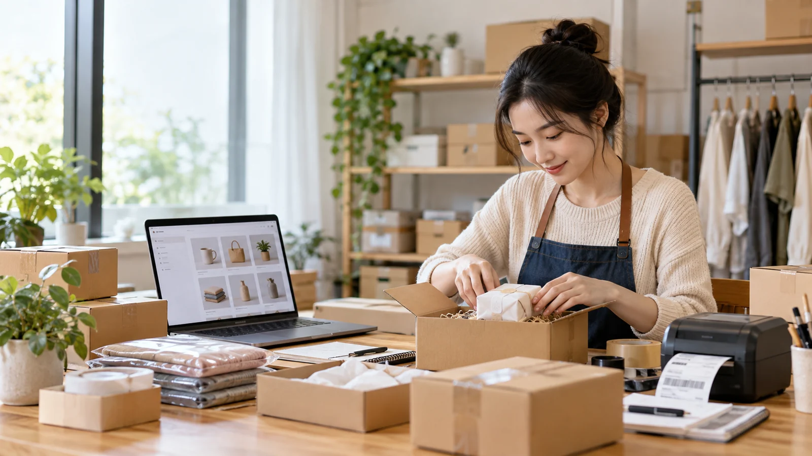 电商经营者管理线上商品并打包订单场景配图