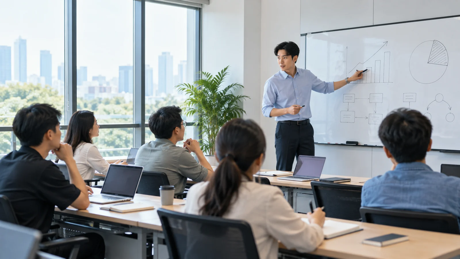 培训课堂中教师与成年学员互动场景配图